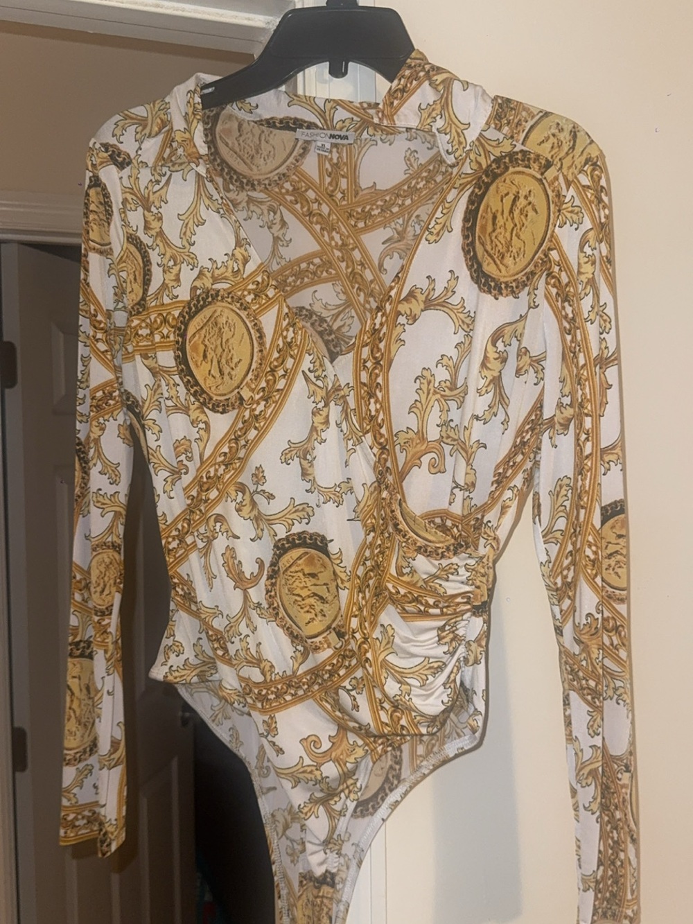 Fashion Nova White and Gold Baroque Print Long Sleeve Bodysuit